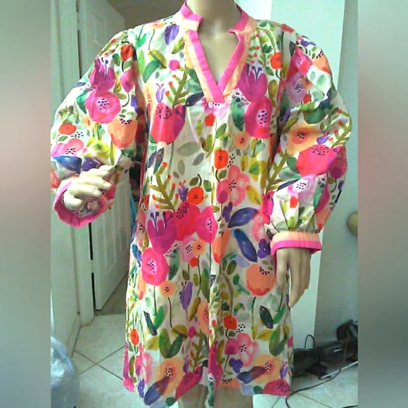 BOUTIQUE MEGA FLORAL Dress (COTTON) BRIGHT PUFF SLV. LINED BOXY SZ. LG GORGEOUS - Picture 1 of 9